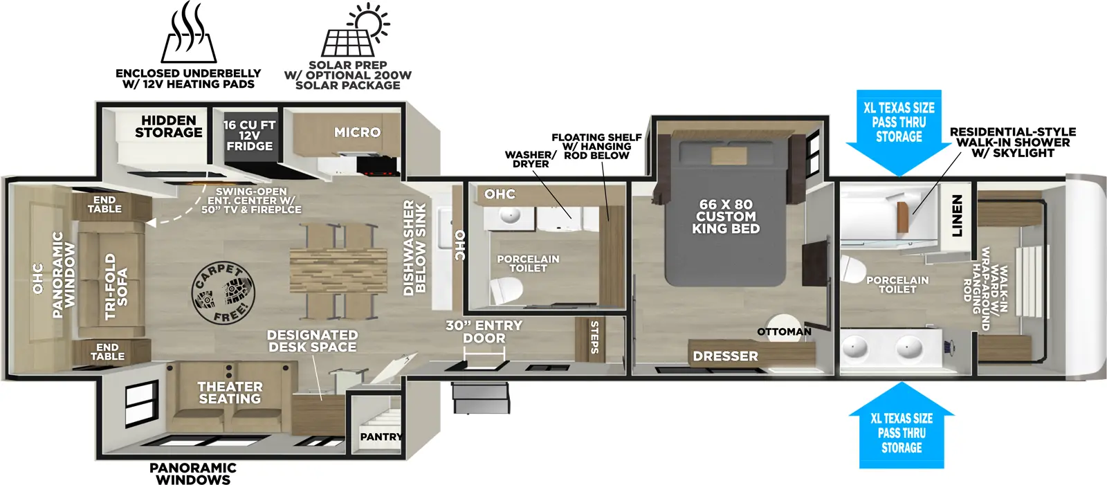 The Hemisphere Fifth Wheels 380WDR floorplan has one entry and three slide outs. Exterior features include: fiberglass exterior and 11'6" & 18' awning. Interiors features include: kitchen island, rear living and bathroom and a half.